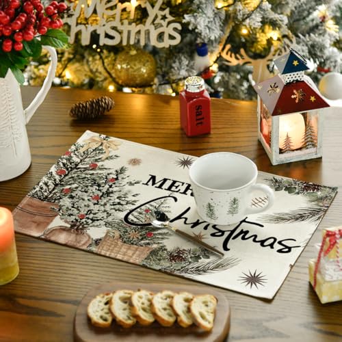 Christmas Placemats Set of 8 - 12x18 Inch Holiday Table Decor, Beige