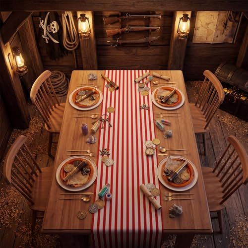 Pirate Table Runner Halloween Decorations Red White 71x12 Inches - Pirate Party Supplies