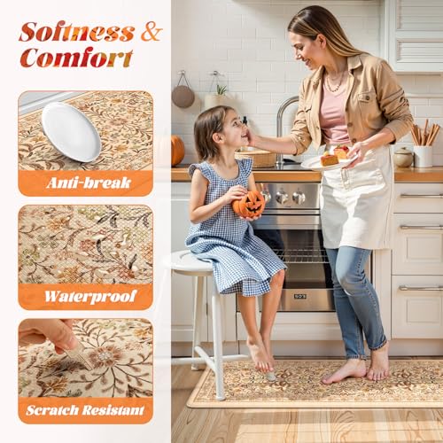 Anti-Fatigue Kitchen Mat with Fall Floral Pattern - Orange 17.3x47 + 17.3x29 Inches