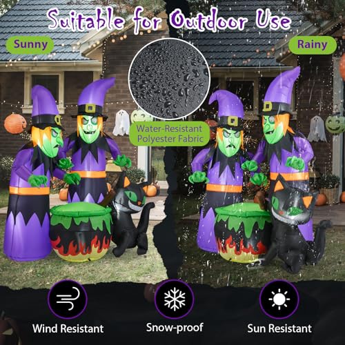 6 Ft Inflatable Halloween Witches & Black Cat Scene with LED Lights, Ground Stakes - Indoor & Outdoor Yard Decor