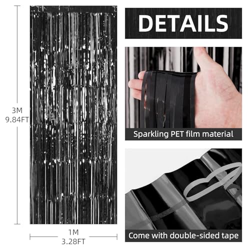 Black Foil Fringe Backdrop Curtains 12 Pack 3.28 x 9.84 ft for Party Decorations