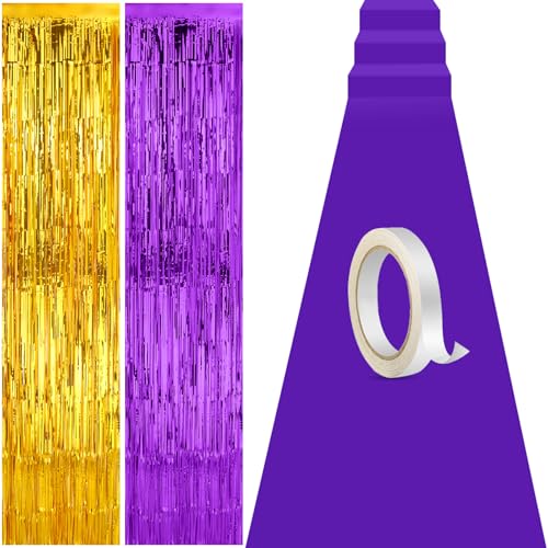 Purple and Gold Carpet Runner Aisle 2.6 x 30 Feet with Carpet Tape & Tassel Curtains