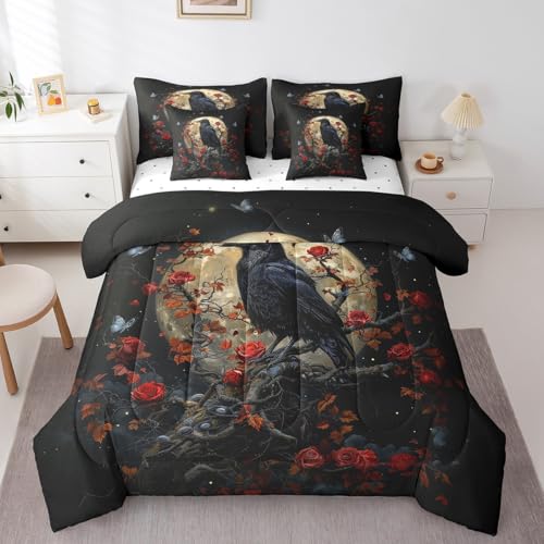 Black Red Gothic Rose Comforter Set with Sheets 7 Piece Full Bedding