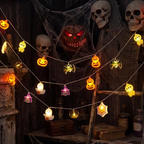 Halloween String Lights Set - 19.7Ft 30 LED Ghost & Pumpkin 3D Designs, Battery Operated with 8 Modes, Indoor Outdoor Decor, Multiple Character Variations