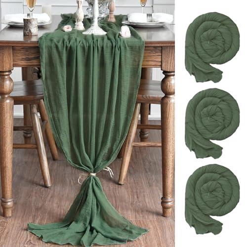 120 Inch 3-Piece Forest Green Gauze Wedding Table Runner - Boho Home Decor