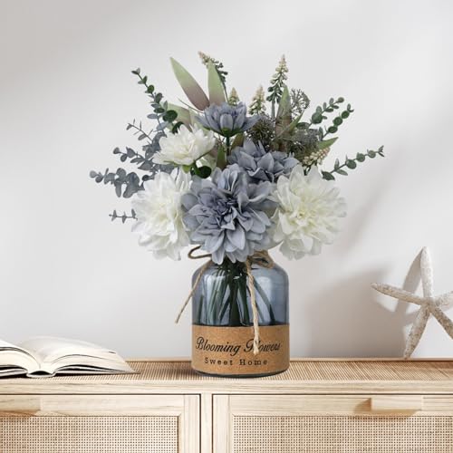 Fake Flowers in Vase - Blue Dahlias with Black Vase - Home Decor