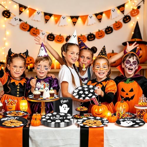 Ghost Halloween Party Supplies Set - Black Boo Variation, Paper Plates & Napkins, 180PCS