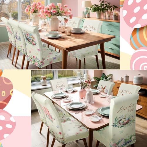 Easter Chair Covers Bunny Print Set - 6 Removable Seat Covers for Spring Holiday Decor