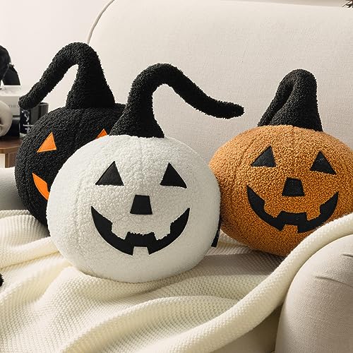 Halloween 3D Pumpkin Pillow - Off White Teddy Fleece, 9.5 x 9.5 Inches