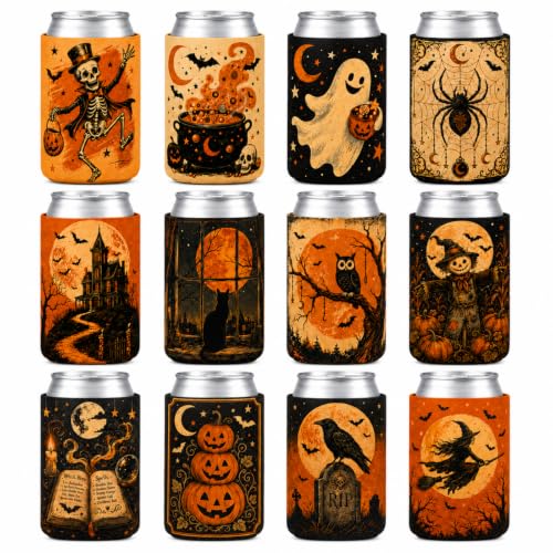 Halloween Can Cooler Sleeves Set - Vintage Skeleton, Ghost & Spooky Designs (DD)