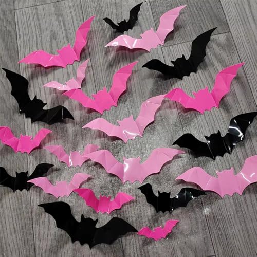 Pink & Black 3D Bat Wall Decor - 48pcs Halloween Wall Stickers - Style 4