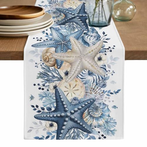 White Coastal Table Runner 13x70 Inches Summer Starfish Nautical Decor