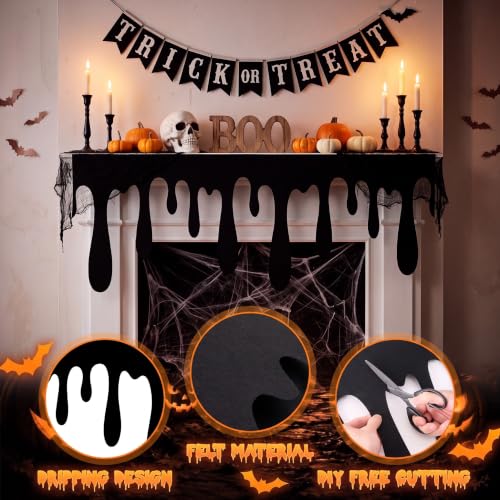 Black Felt Halloween Mantle Cover Set - 6 Pcs, 39x16 Inches - Spooky Decor