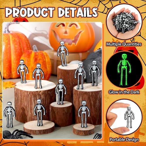 Glow in The Dark Mini Skeleton Decorations - 50 White Tiny Figurines for Halloween Haunted House & Party Favors
