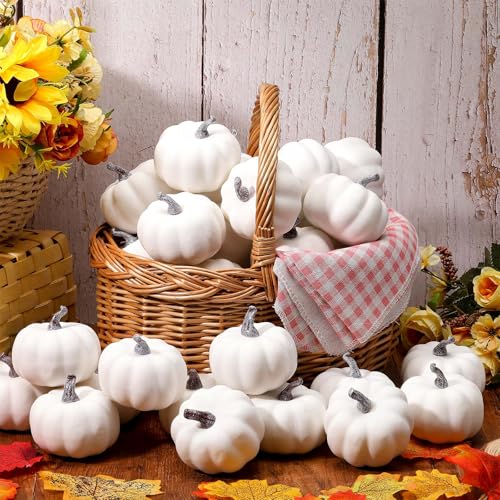 80 Pcs White Fall Artificial Pumpkins - 3.15 Inch Foam Decor Set - Liliful
