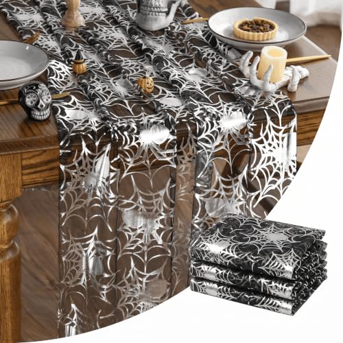 28x120 Inch 3PCS Silver Spider Web Gauze Table Runner Set for Halloween & Holiday Decor