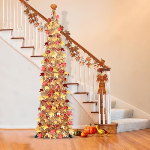 6FT Fall Pop Up Tinsel Tree with Lights - Battery Operated Autumn Decor