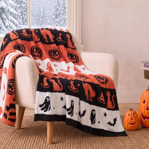 Reversible Halloween Throw Blanket with Black Cat Witch Hat Pumpkin Design - 50x60 inches - Cozy Home Decor