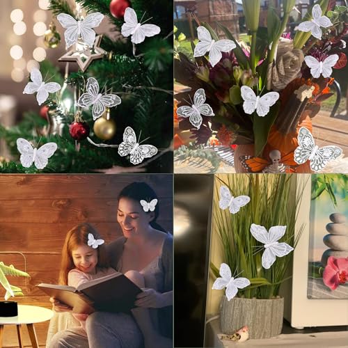 White Feather Butterfly Decorations with Glitter & Pearls - 3.9 Inch Clip-On Craft Ornaments for Weddings & Parties