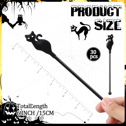 Halloween Black Cat Drink Stirrers - 30 Pack Reusable Cocktail Swizzle Sticks