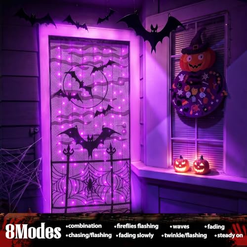 Halloween Door Cover Lights - Purple Bat Design, 6.5x3.2ft with 140 LEDs & 8 Lighting Modes