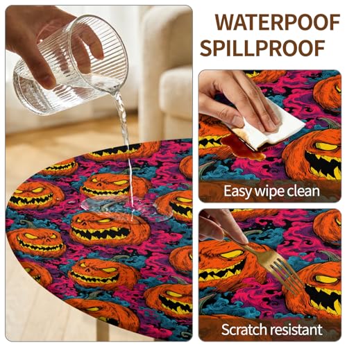 Halloween Fitted Round Tablecloth 49-52 Inch with Pumpkin Head Design - 52 Inches