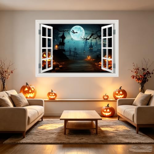 Halloween Fake Window Decal - Scary Spelo Alley Scene 48x32 Inch - Party Decor Sticker