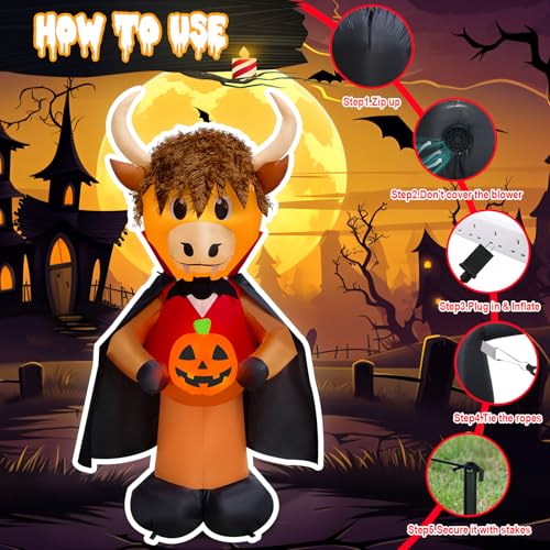 6FT Halloween Highland Cow Vampire Inflatable Outdoor Decoration - Animated Yard Decor with Lights