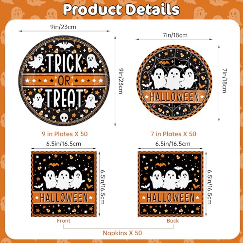 Halloween Ghost Party Plates & Napkins Set - Black & Orange, 150 Pcs