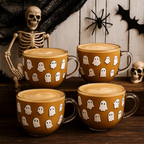 Sliner Halloween Ghost Glass Coffee Mugs Set - 16 oz, Trick-or-Treat Theme