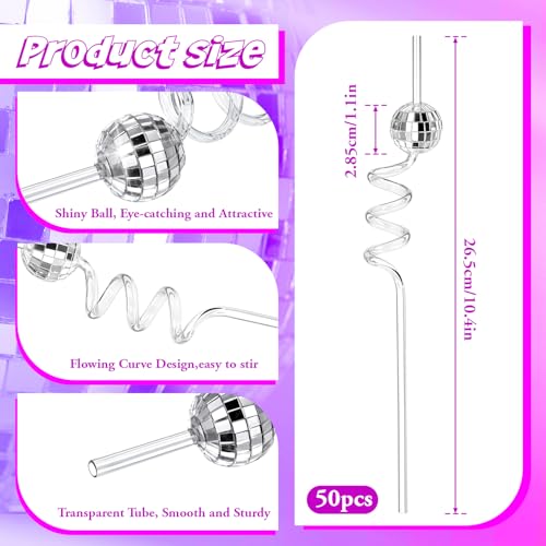 50 Pcs Disco Ball Straws Reusable Retro Mini Ball Decor for Parties