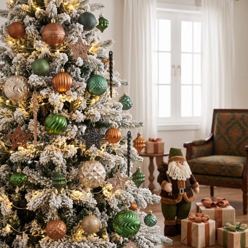 Christmas Tree Ornaments Set - Green Copper Brown Variations - 100 Shatterproof Holiday Decorations