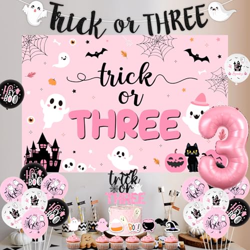 Halloween 3rd Birthday Decorations Kit for Girls Pink Black Ghost Balloons Banner Cake Topper