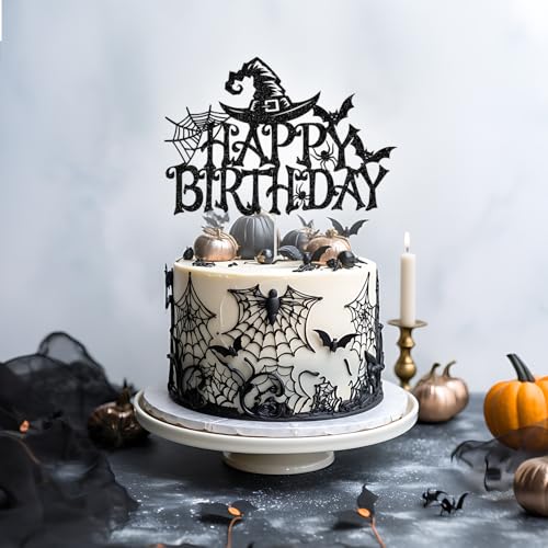 Halloween Birthday Cake Topper Witch Bat Spider Glitter Decor - Black