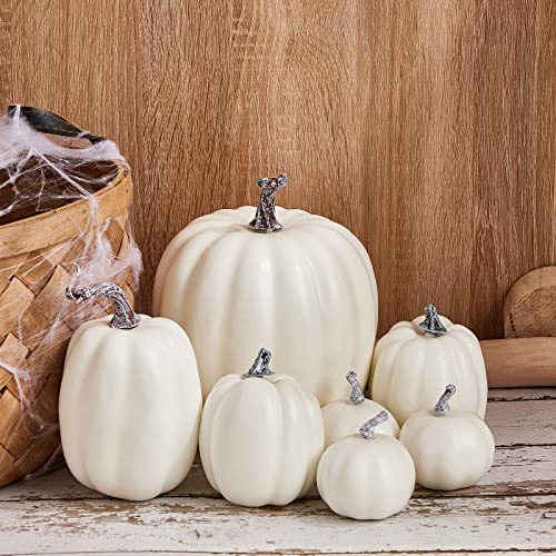 Artificial Pumpkins Set - White, 7 Varied Sizes for Autumn Fall Halloween Thanksgiving Farmhouse Decor