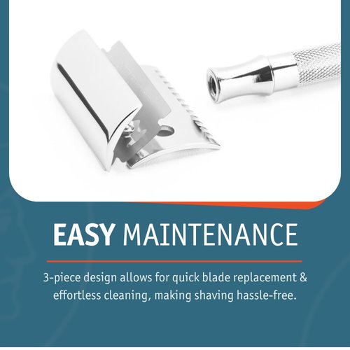 MERKUR 25C Double Edge Safety Razor in Bright Chrome with an Open Comb Design, Long Handle, Made in Germany, Plastic-Free, Three-Piece Design, and Straight Bar