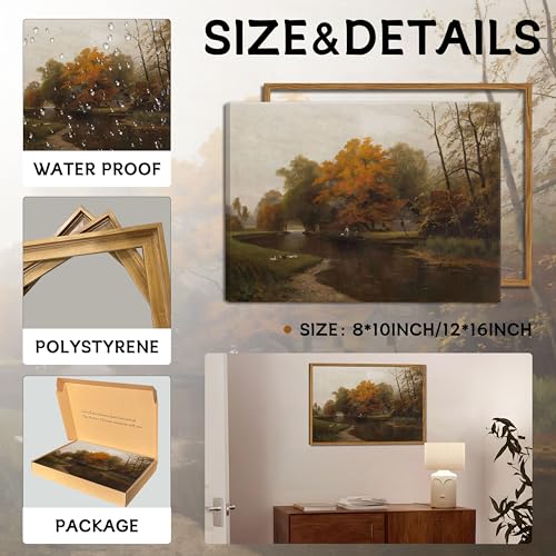 Autumn by the Water Floating Canvas Wall Art - 16x12 Inch Nature Landscape Decor