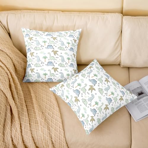 Kids Dinosaur Pillow Cover White 18x18 Inches Pack of 2 - Watercolor Jungle Animals