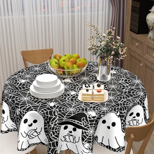 Halloween Round Tablecloth 60 Inch Ghost Spider Web Design - Reusable & Washable