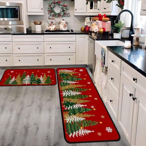 Christmas Tree Kitchen Rug Set - Red Non-Slip Xmas Floor Mats with Variation