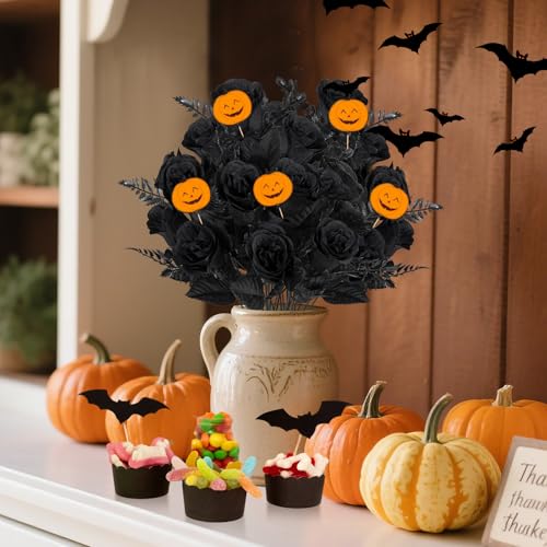 Artificial Black Rose Flowers Bouquet - 4 Pack, Realistic Silk Roses for Halloween & Fall Decor