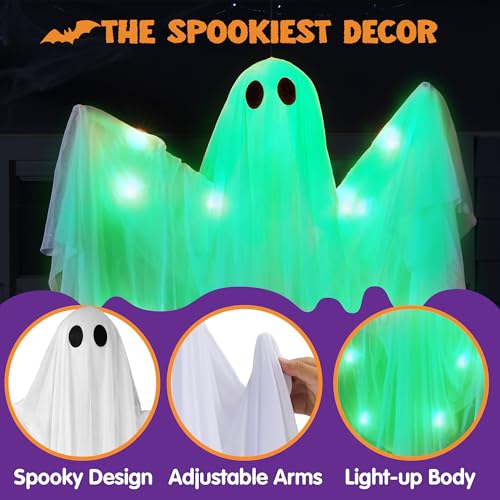 Halloween Hanging Ghost Light - Green LED Ghost Decoration, 47 Inches Waterproof Outdoor & Indoor Decor with Timer