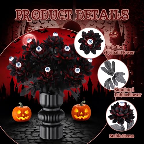 Halloween Black Artificial Flowers with Eyeball Decor - 16 Inch Set of 12