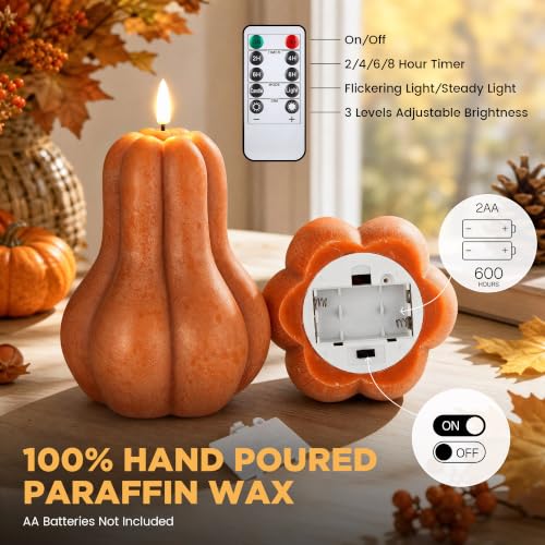 Flameless Pumpkin Candles Set of 2 - Orange Fall Decorations with Remote