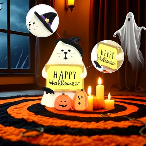Halloween Ghost Cat Figurine - Cute Spooky Decoration with Witch Hat & Pumpkin - Mini Resin Halloween Gift - Ghost Variation