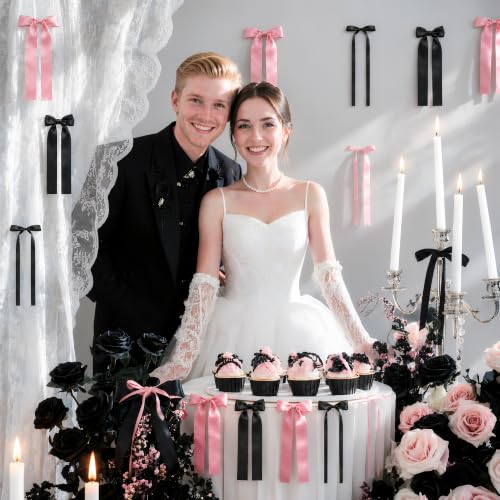 40Pcs Pink Black Satin Bow Wall Decor Set for Halloween, Birthday & Party