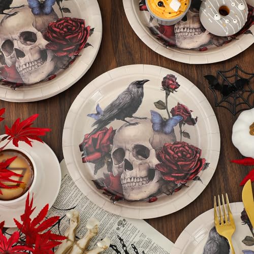 Halloween Vintage Paper Plates with Skull Rose Crow Design - 9 Inch Disposable Party Tableware, Pack of 50