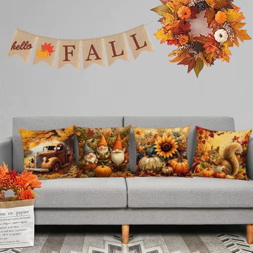 Set of 4 Fall Pumpkin and Sunflower Pillow Covers 22x22 Inches - Autumn Thanksgiving Decor