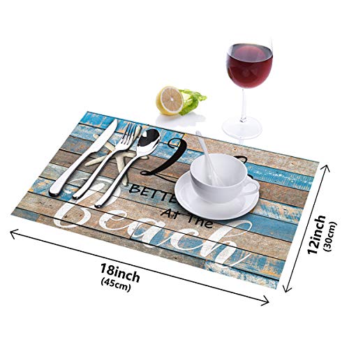 Non-Slip Placemats for Dining Table Set of 4 - Beach Starfish Rustic Wood Grain