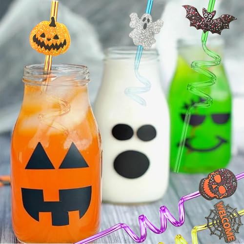 Halloween Glitter Crazy Straws Set - 24pcs with Pumpkins Ghosts & Brushes
